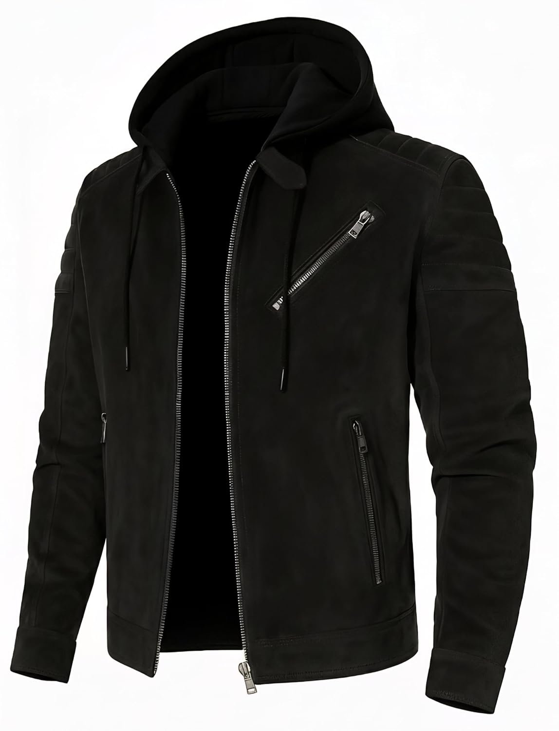Blaq Ash Suede Jacket, Removable Hood, Multiple Zippers