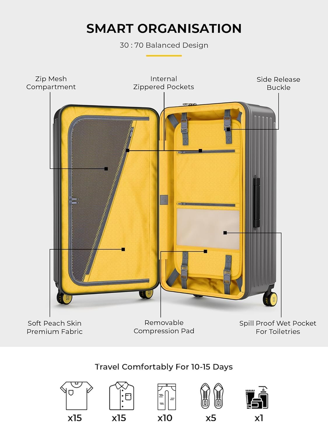 EUME Trunk Check in Trolley Bags for Travel Medium Size | 66cm to 74cm Expandable Trolley Bag | Polycarbonate 8 Silentrun Spinner Wheels Suitcase | Premium Trolley Bags for Travel (Volcanic Grey) - Image 4