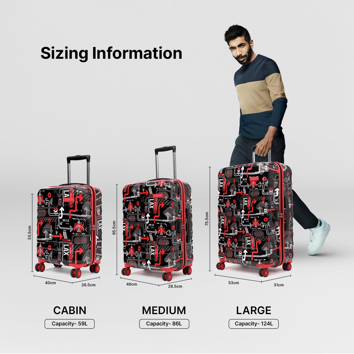 uppercase JFK (Small) 56Cms, Hardsided Cabin Trolley Bag for Travel, Eco Polycarbonate Printed Luggage, Combination Lock,8 Wheel Trolley Bag, Suitcase for Unisex, 2000 Days Warranty (Black, Spinner) - Image 6