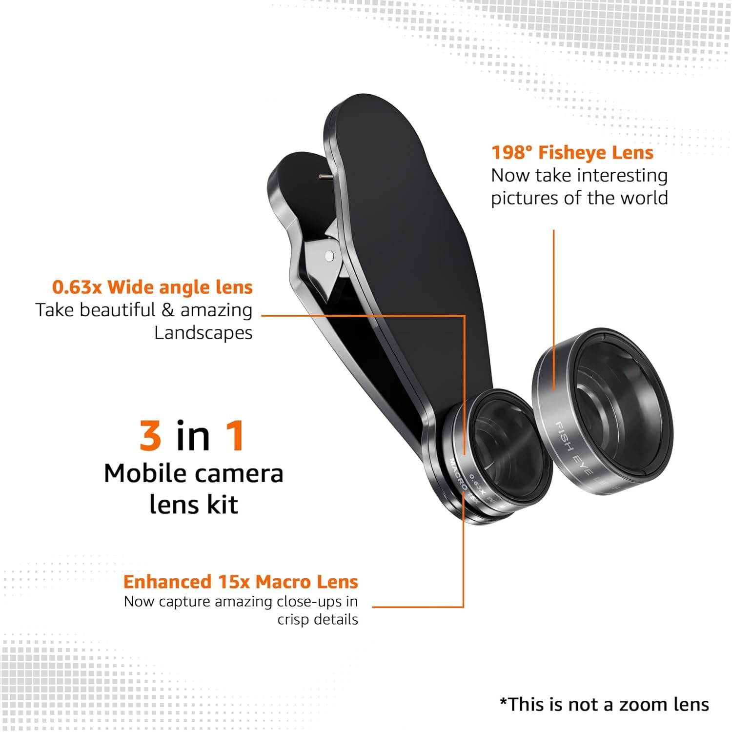 Amazon Basics 3 in 1 Mobile Camera Lens Kit | Super Wide Angle Lens | 198 Fisheye |15X Macro Lens - Image 2