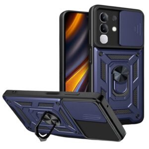 Designerz hub® Vivo T4x 5G Back Cover | Heavy Duty Hybrid Case with 360 Degree Rotating Finger Ring Holder + Slider Shutter Camera Protection Case for Vivo T4x 5G – Blue