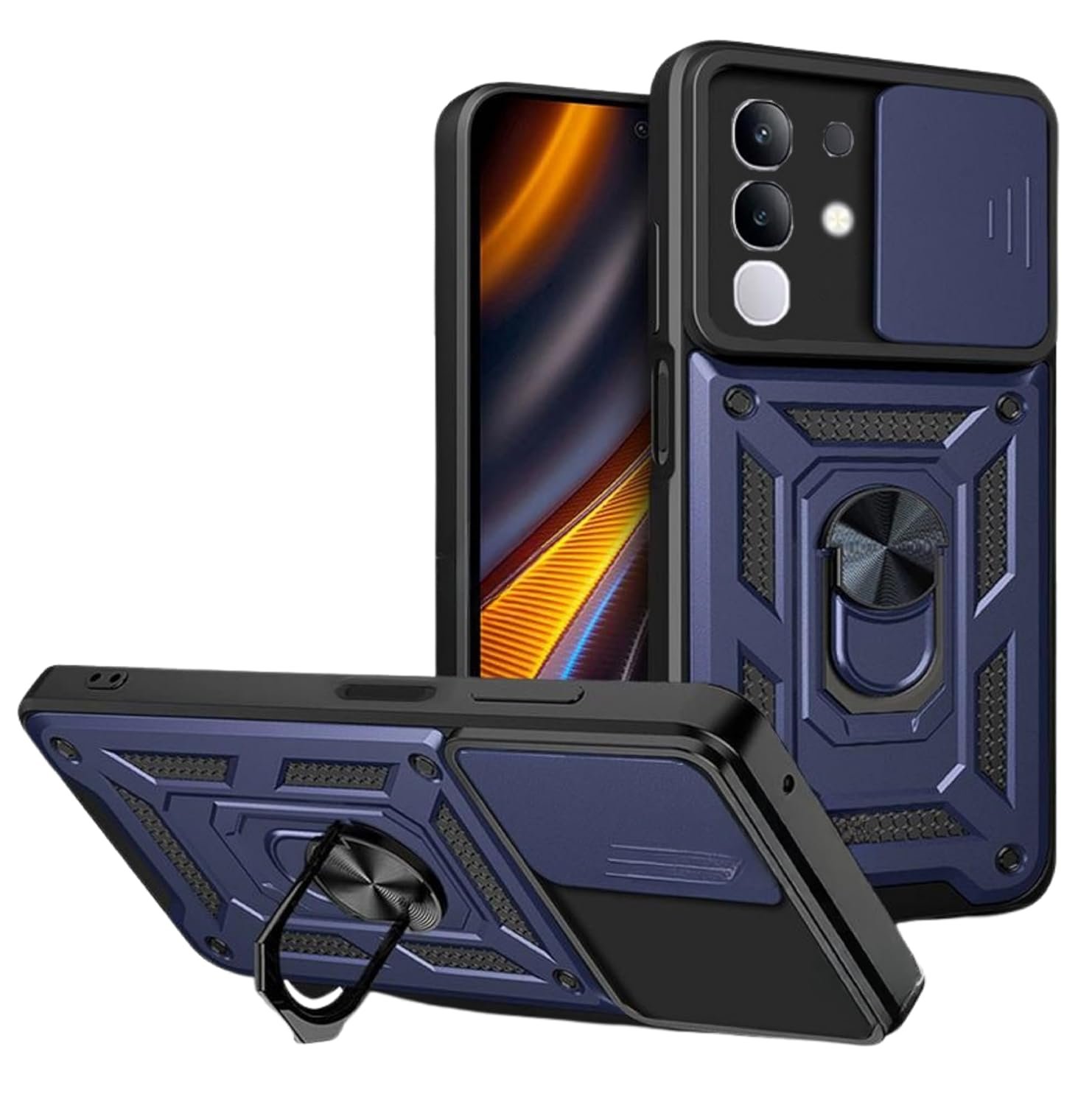 Designerz hub® Vivo T4x 5G Back Cover | Heavy Duty Hybrid Case with 360 Degree Rotating Finger Ring Holder + Slider Shutter Camera Protection Case for Vivo T4x 5G - Blue