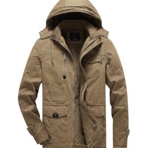 L’MONTE Men’s Winter Cotton Cargo Jacket – Fleece Lining, Detachable Hood, Stand Collar and Ribbed Cuffs – Warm and Stylish Parka for Harsh Cold Weather