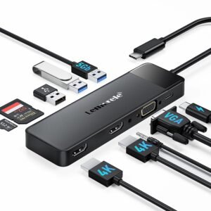 Lemorele USB C Hub Docking Station, 10-in-1 Dual Monitor Adapter with 4K Dual HDMI, 1080P VGA, 3×USB3.0/2.0, TF/SD, 3.5mm Audio, 100W PD for MacBook, HP, Dell, Lenovo and More