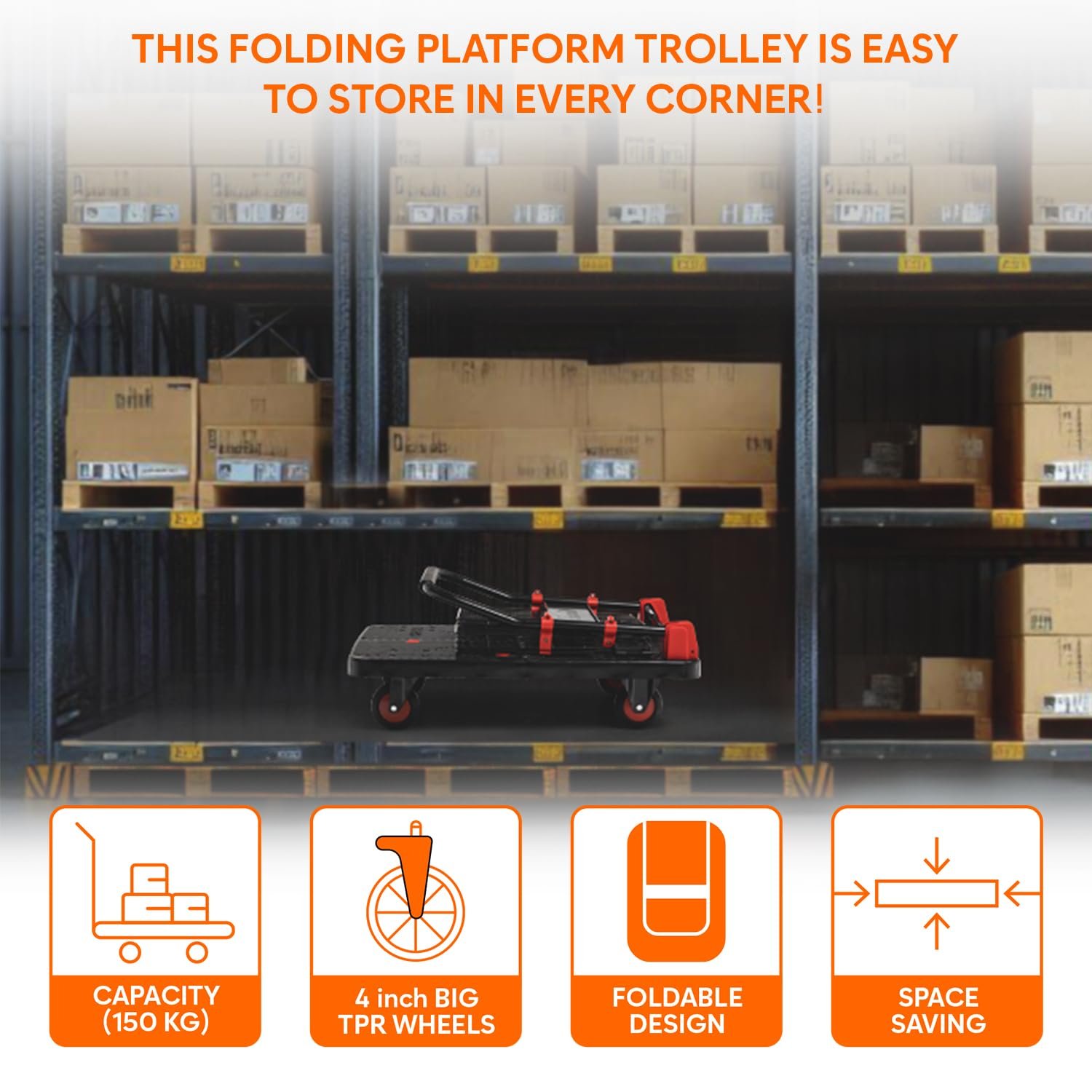 Corvids 150 Kg Portable & Collapsible Plastic Platform Trolley with Basket Cage | 2-Year Warranty |Folding Platform Hand Truck with 360 Rotating Wheels for Home, Office, Warehouse & Outdoor Use - Image 5