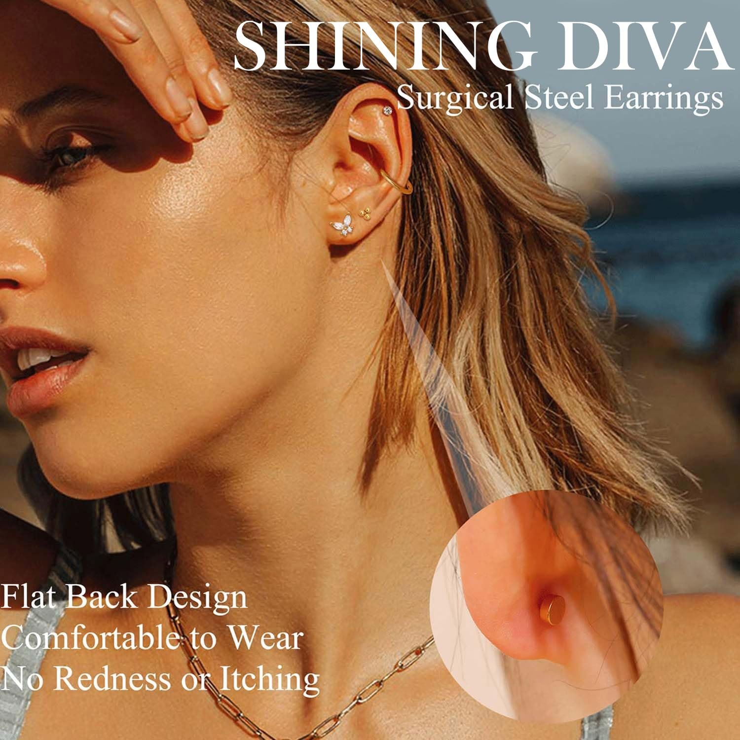 Shining Diva Fashion 12 Pairs Anti Tarnish Earrings Combo Set | 14K Gold Plated | Hypoallergenic Stainless Steel Earring for Sensitive Ears | Flat Back Stud Hoop Cartilage Earring for Multiple Piercing - Image 2