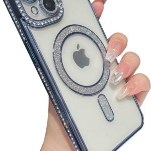 The Little Shop Clear Magnetic Diamond Glitter Case for Oppo A5 Pro (5G)||Full Camera Protection Luxury Bling Transparent Shockproof for Magsafe Women Girls Cute Cover|Blue