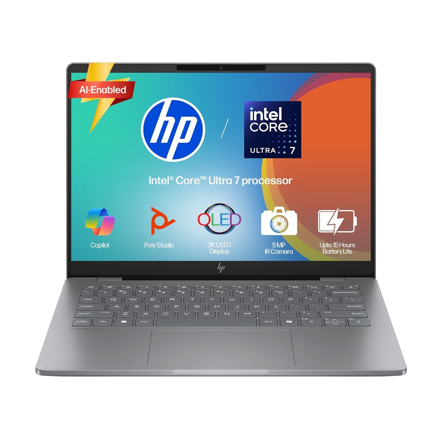 HP OmniBook 7 OLED, Intel Core Ultra 7 255H (32GB LPDDR5,1TB SSD), 3K, 0.2 ms, Micro-Edge, 14''/35.6cm, Win 11, M365, Office 24, Meteor Silver,1.5kg, fr0116TU, 5MP Camera w/Shutter, Backlit AI Laptop