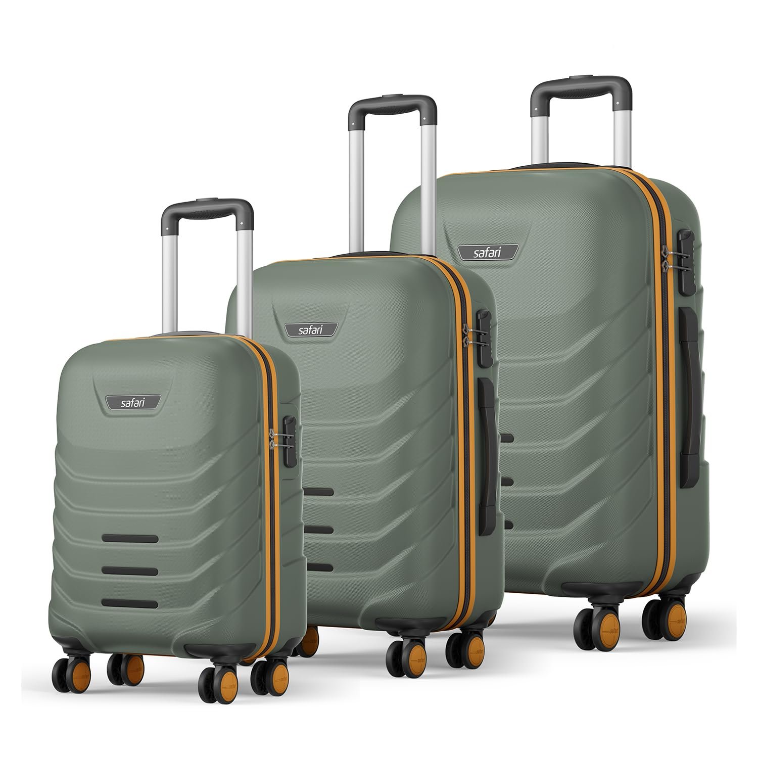 Safari Crescent 8 Wheels Set of 3 (Cabin + Medium + Large) Trolley Bags Hard Case Polycarbonate 360 Degree Wheeling Luggage, Travel Bags, Suitcase for Travel, Trolley Bags for Travel, Thyme Green