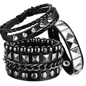 Goth Accessories, Gothic Jewelry Set, Punk Rock Studded Bracelets for Women & Men, Emo Accessories for Concert Outfits, 4-Piece Leather Bracelet Set in Black