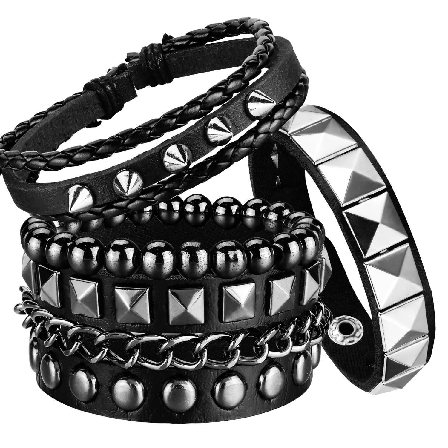 Goth Accessories, Gothic Jewelry Set, Punk Rock Studded Bracelets for Women & Men, Emo Accessories for Concert Outfits, 4-Piece Leather Bracelet Set in Black
