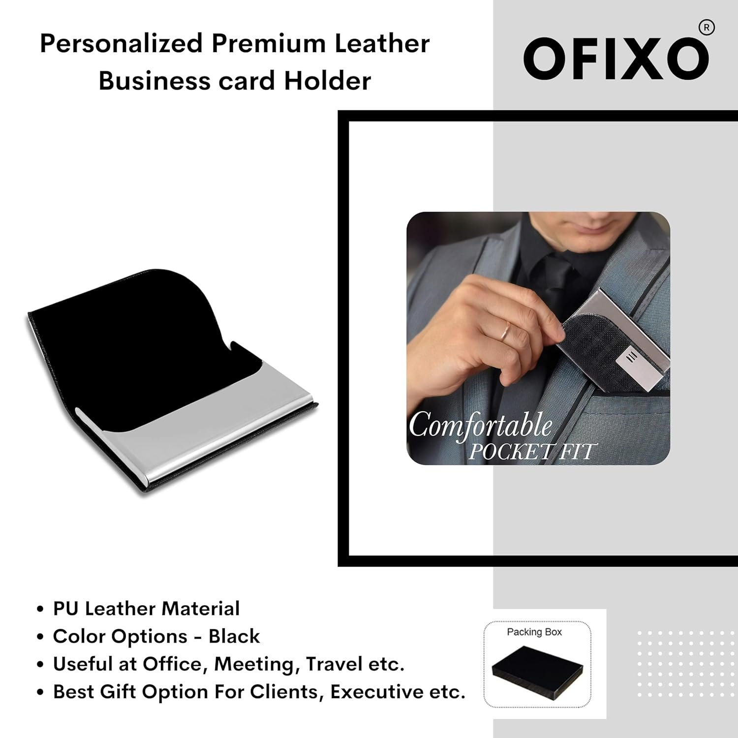 OFIXO Stainless Steel Business Card Case Leather Men Luxury Brand ID Credit Card Visiting Cards Holder Wallet(Silver) - Image 2