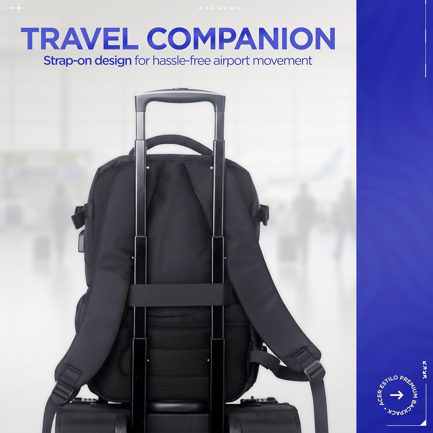 Acer Estilo Premium 15.6 Inch Black Color Backpack I Water Resistent Polyester I Expandable, 2 Zipper Front Pocket, 2 More Compartment for Laptop and Other Accessories I USB Charging I Strolley Strap - Image 7