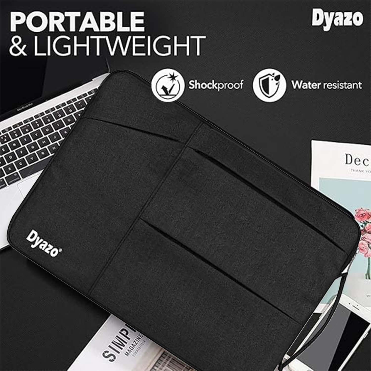 Dyazo 14.1 Inch Laptop Sleeve with Charger Pouch | Water Resistant Three Front Accessories Pocket with Handle Case Cover | Compatible for MacBook, Lenovo, HP, Dell, Asus, Acer & Other Notebook (Black) - Image 3