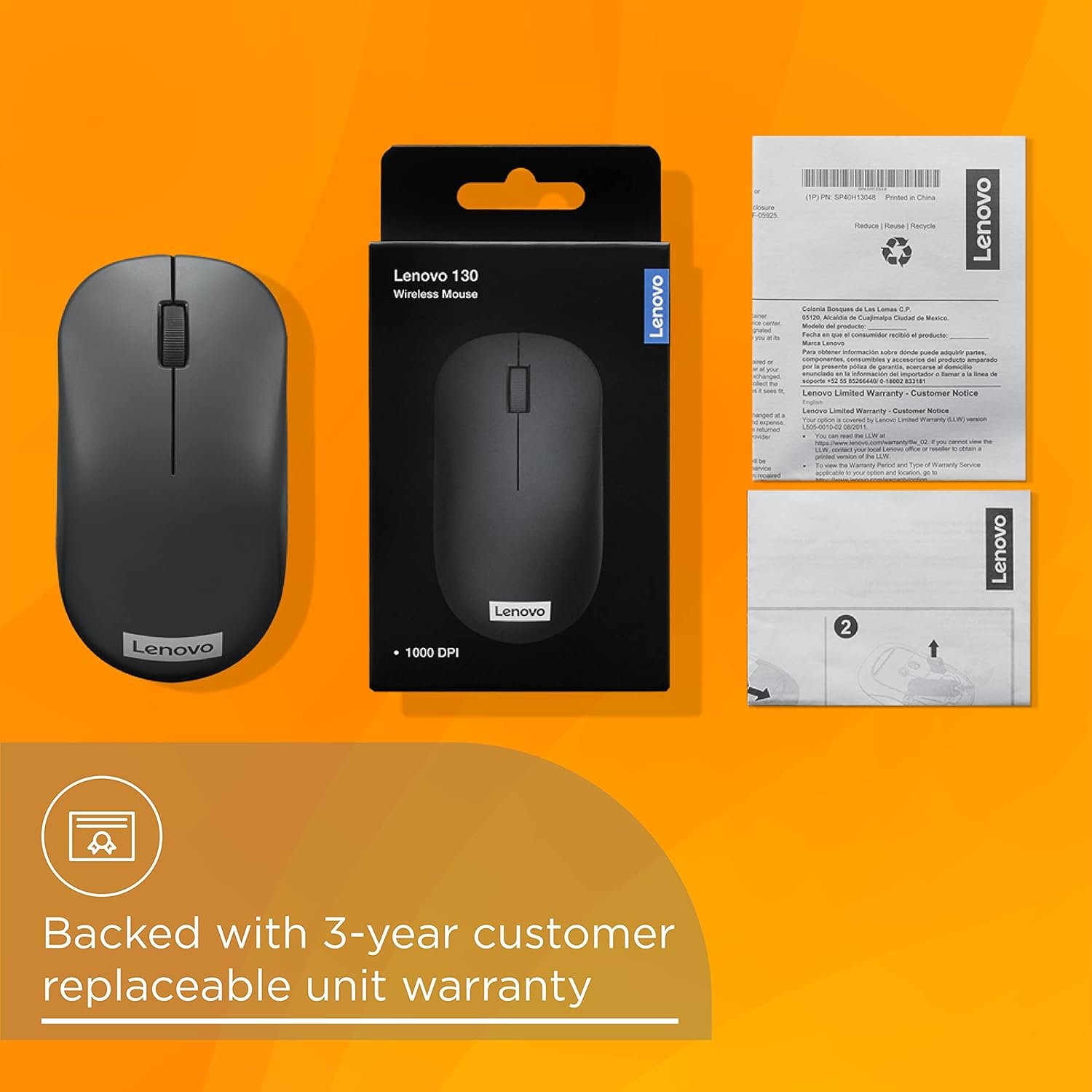 Lenovo 130 Wireless Compact Mouse, 1K DPI Optical sensor, 2.4GHz Wireless NanoUSB, 10m range, 3button(left,right,scroll) upto 3M left/right clicks, 10 month battery, Ambidextrous, Ergonomic GY51C12380 - Image 6