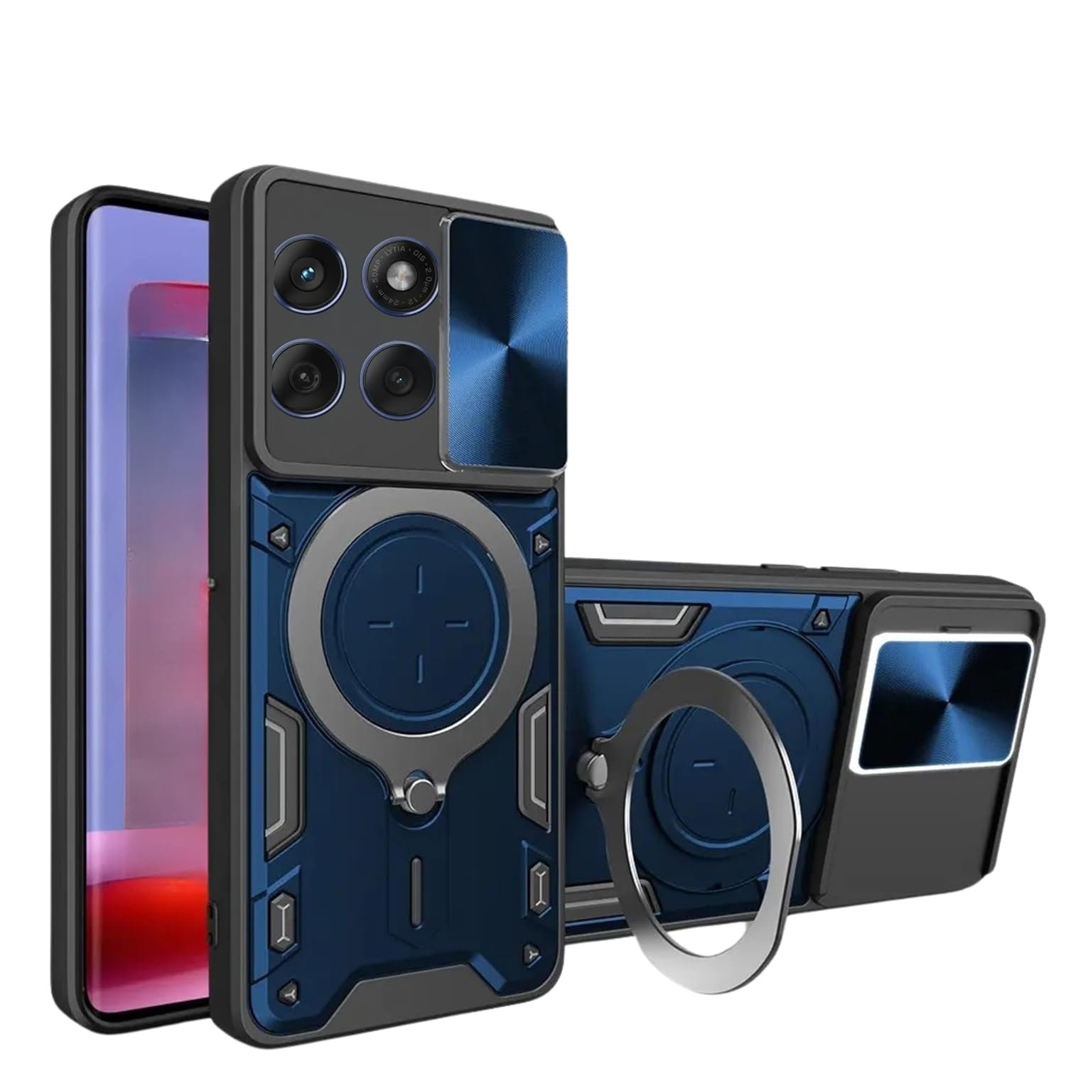 Designerz hub® Motorola Edge 60 Fusion 5G Back Case | Hybrid Case with 360 Degree Rotating Finger Ring Holder + Slider Shutter Camera Protection Case for Motorola Edge 60 Fusion 5G- Blue