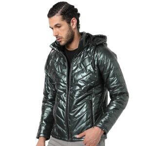 Campus Sutra Men’s Quilted Puffer Jacket With Contrast Striped Sleeve For Casual Wear | Hood Neck | Long Sleeve | Zip Closure | Polyester Jacket Crafted With Comfort Fit For Everyday Wear