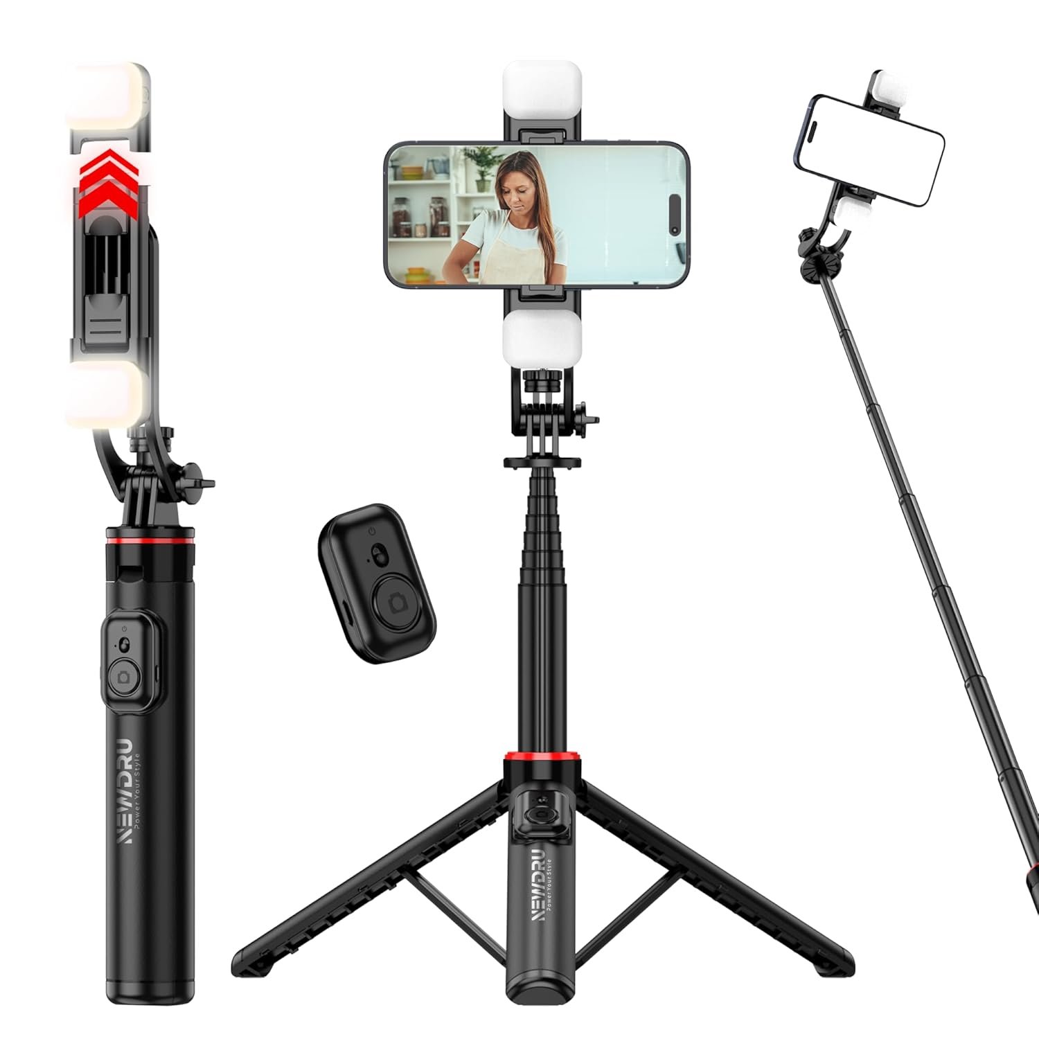 NEWDRU LumiTripod Adjustable Tripod with LED Lights - 360° Rotation & 8 Telescopic Rods | Bluetooth Remote - Selfie Stick with Tripod Stand for Vlogging, Makeup, Photography & Video