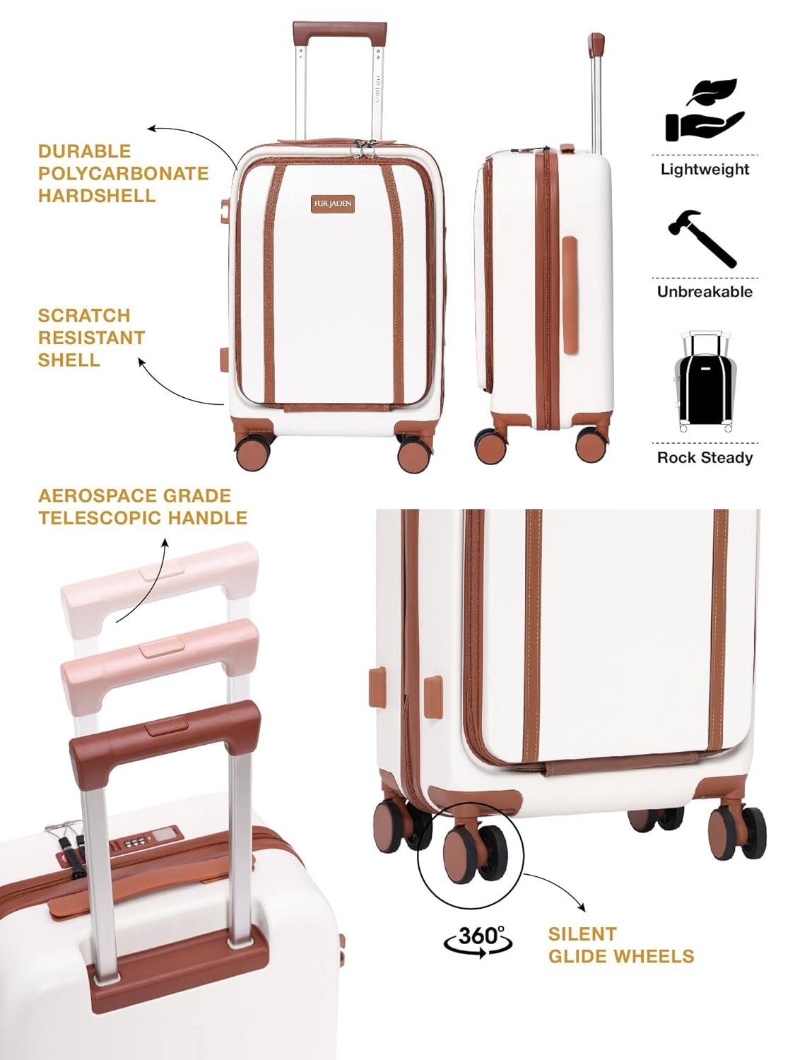 Fur Jaden The Wayfarer 55cm Cabin TechPro Polycarbonate Suitcase I USB-C Charging Port I Laptop Compartment I 8 Silent Shock Absorbing Wheel I TSA Lock I Aviation Grade Trolley (Oyster White, TechPro) - Image 8