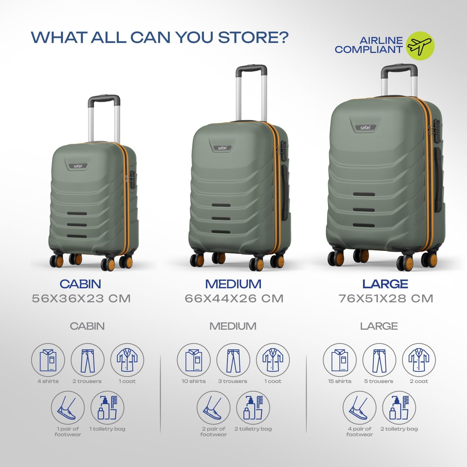 Safari Crescent 8 Wheels Set of 3 (Cabin + Medium + Large) Trolley Bags Hard Case Polycarbonate 360 Degree Wheeling Luggage, Travel Bags, Suitcase for Travel, Trolley Bags for Travel, Thyme Green - Image 6