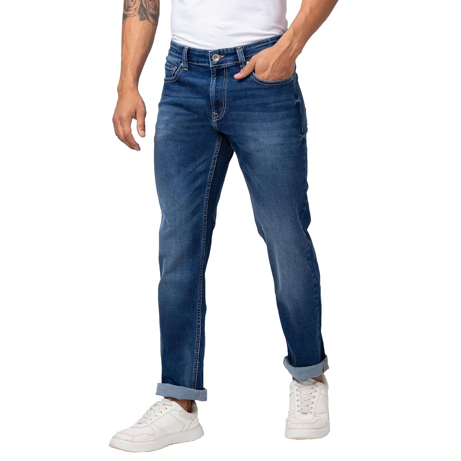 Spykar Men Mid Blue Cotton Stretch Comfort Fit Straight Length Jeans (Ricardo) - Image 4