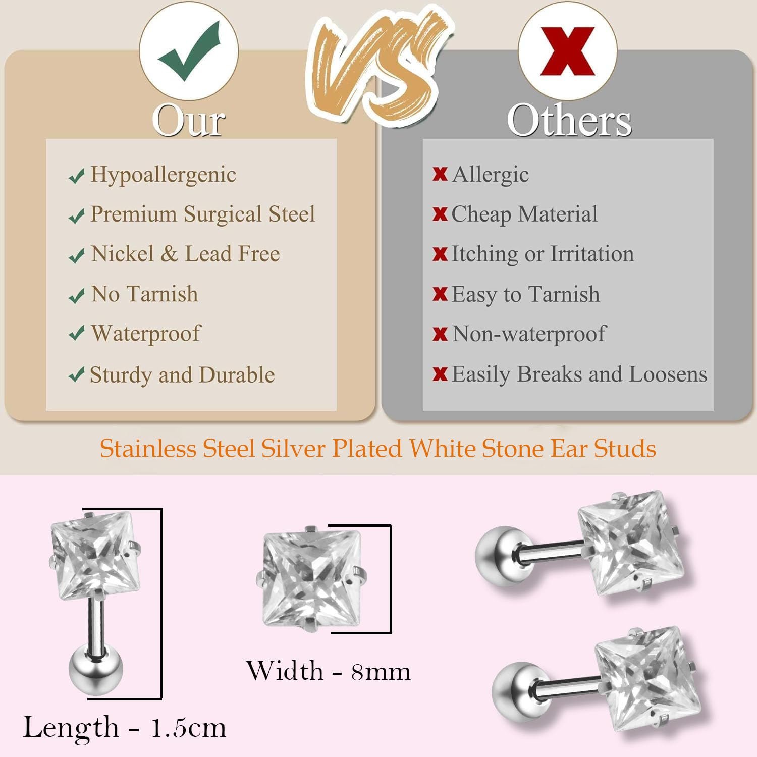 VAMA FASHIONS 18K Silver-Plated Trendy Square-Cut Minimalist Barbell Stud Earring with Brilliant CZ Stone Sleek Design Ear Stud For Mens - Image 3