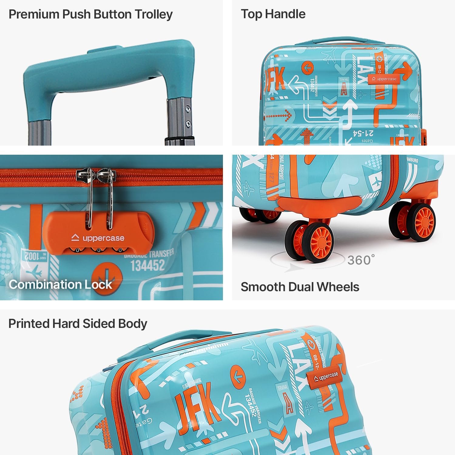 uppercase JFK (Small) 56cms | Hardsided Cabin Trolley Bag for Travel |Eco Polycarbonate Printed Luggage |Combination Lock|8 Spinner Wheel Trolley Bag |Suitcase for Men & Women |(Teal Blue) - Image 5