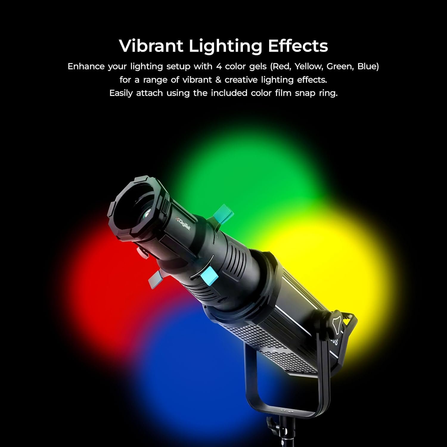 Digitek® (DS 220) Bowens Mount Optical Snoot Kit with 20 Stainless Steel GOBOs & 4X Color Gels (Red/Yellow/Green/Blue), Multifunction Focus Ring, Premium Metal Construction - Image 6