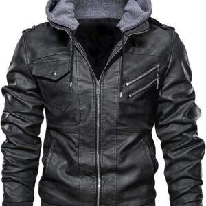 Blaq Ash Men’s Faux Leather Hooded Motorcycle Jacket, Zip-Up, with Pockets, Removable Hood