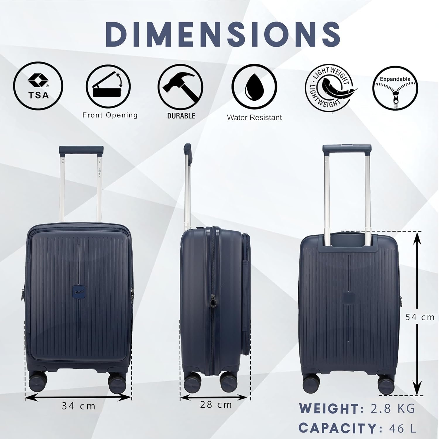 F Gear Myton Navy Cabin Front Opening Hard Luggage | Lightweight Expandable Carry-On Suitcase with 360° Spinner Silent 8-Wheels, Built-in TSA Lock, Anti-Theft Zipper & 3-Level Telescopic Trolley - Image 2
