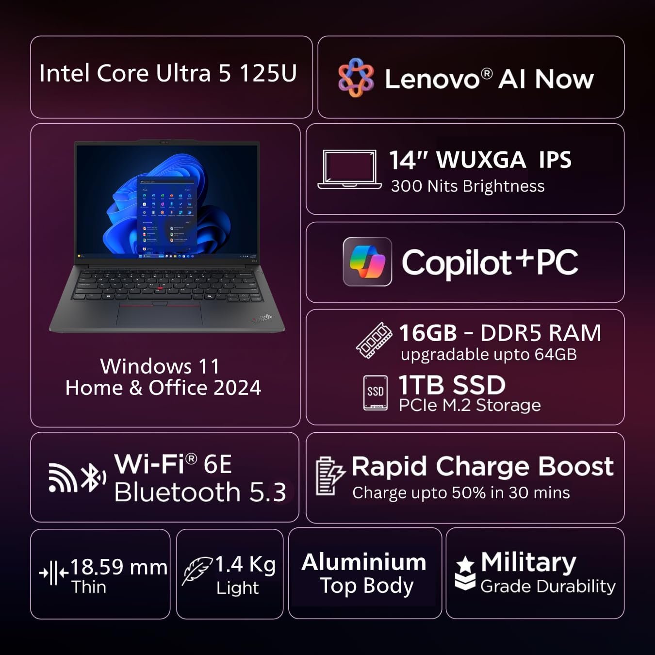 Lenovo ThinkPad E14 AI PC Intel Core Ultra 5 125U | Copilot Key | 16GB RAM | 1TB SSD | 14” WUXGA IPS 300 Nits | Win 11 + Office 2024 | Backlit | Fingerprint | 1.42 kg | 1Y Onsite | Black – 21M7S0SH00 - Image 2