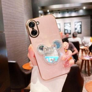 KC Back Cover for OnePlus Nord CE5 – Round Mickey Mouse Mirror Electroplated Soft Silicone Camera Protection Case – Pink