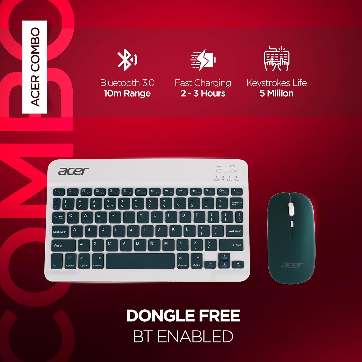 Acer Nano Pad Rechargeable Bluetooth Keyboard & Mouse Combo, 3 DPI Upto 1200 DPI, 78 Keys Anti Slip Back, Ultra Thin Design for Tablet, Laptop, Mobile, 10m Working Distance, Scissor Footed (Green) - Image 2