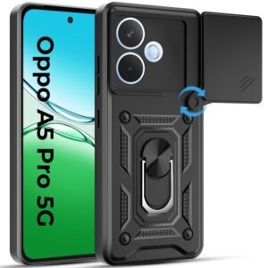 A rtistque Armor Bumper Back Case Cover for Oppo A5 Pro 5G | Stylish Ring Holder & Inbuilt Stand | Sliding Camera Cover | Shockproof TPU Protective Design | Oppo A5 Pro 5g Back Cover – Black