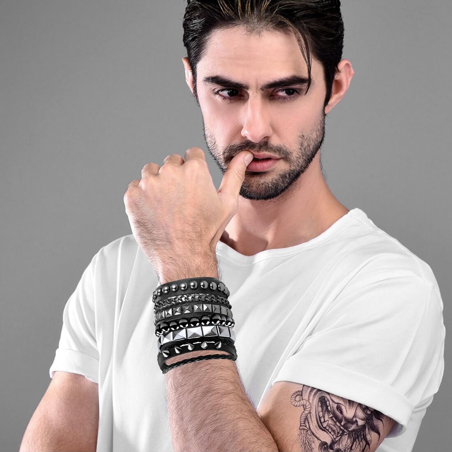 Goth Accessories, Gothic Jewelry Set, Punk Rock Studded Bracelets for Women & Men, Emo Accessories for Concert Outfits, 4-Piece Leather Bracelet Set in Black - Image 2