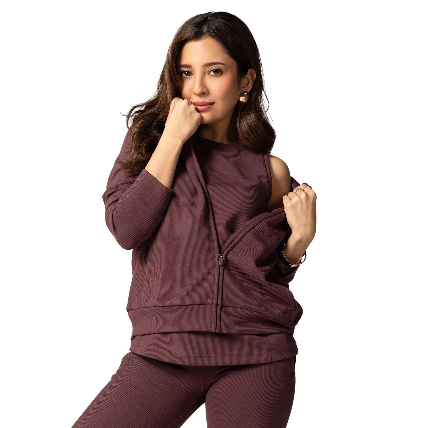 BlissClub Women Polyester, Modal Spandex Ribsupreme Jacket, Front Pockets Full-Length Zipper, Cuffed At Sleeve, High Collar