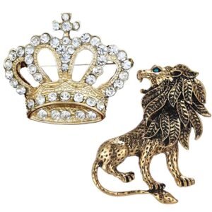 2 Pieces Brooch for Men, Lion and Crown Lapel Pins, Sherwani Brooch for Men, Wedding Suit Accessories for Men, Formal Fashion Accessories for Usually Occasions (Golden)