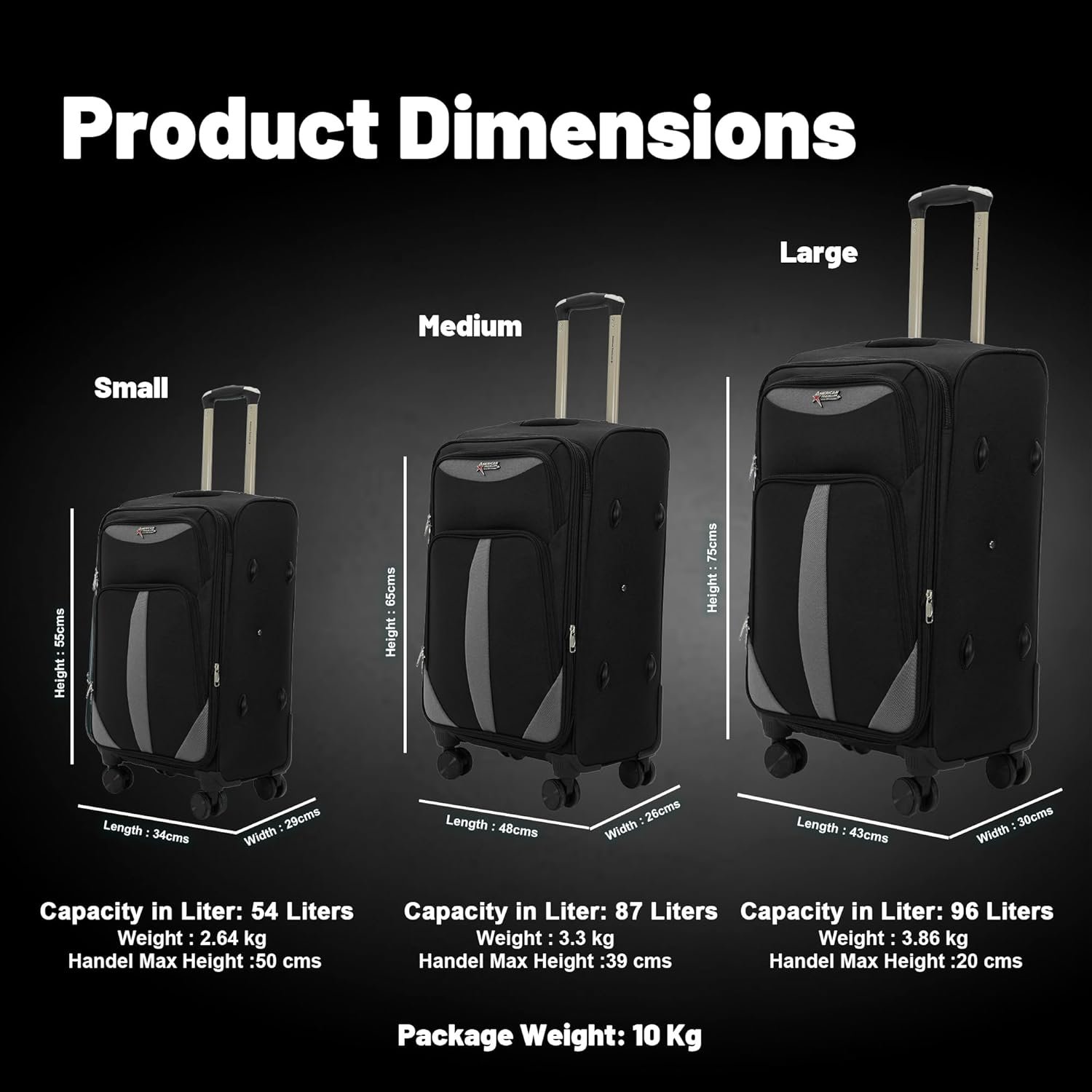 AMERICAN TRAVELLER TourisForever Trolley Bag Set of 3 | Cabin, Medium, Large | Expandable Travel Suitcase | Heavy-Duty Nylon | 3 Digit Number Lock | 360 Lego Wheels | Durable Handle (3, Black) - Image 7