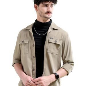 The Indian Garage Co Men’s Cotton Slim Fit Placement Print Full Sleeves Cutaway Collar Double Flap Pocket Casual Over Shirt
