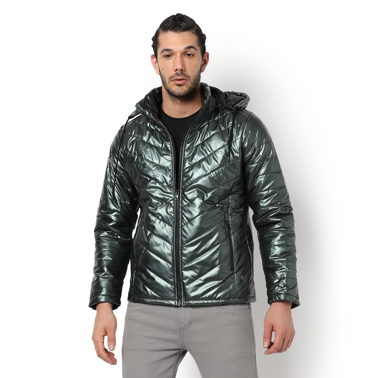 Campus Sutra Men's Quilted Puffer Jacket With Contrast Striped Sleeve For Casual Wear | Hood Neck | Long Sleeve | Zip Closure | Polyester Jacket Crafted With Comfort Fit For Everyday Wear - Image 2