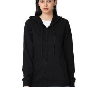 Wafaa Women’s Cotton Plain Hooded Neck Full Zipper Sweatshirt Hoodies with Kangaroo Pocket