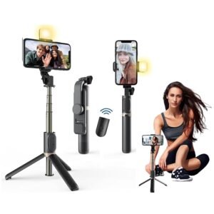 i17 Selfie Stick with Tripod Stand,Extendable Bluetooth Selfie Stick for Mobile Phone,LED Light,Compatible with iPhone & 360 Degree Rotation,Selfie Stick Tripod Stand 4 in 1 Photography,selfi