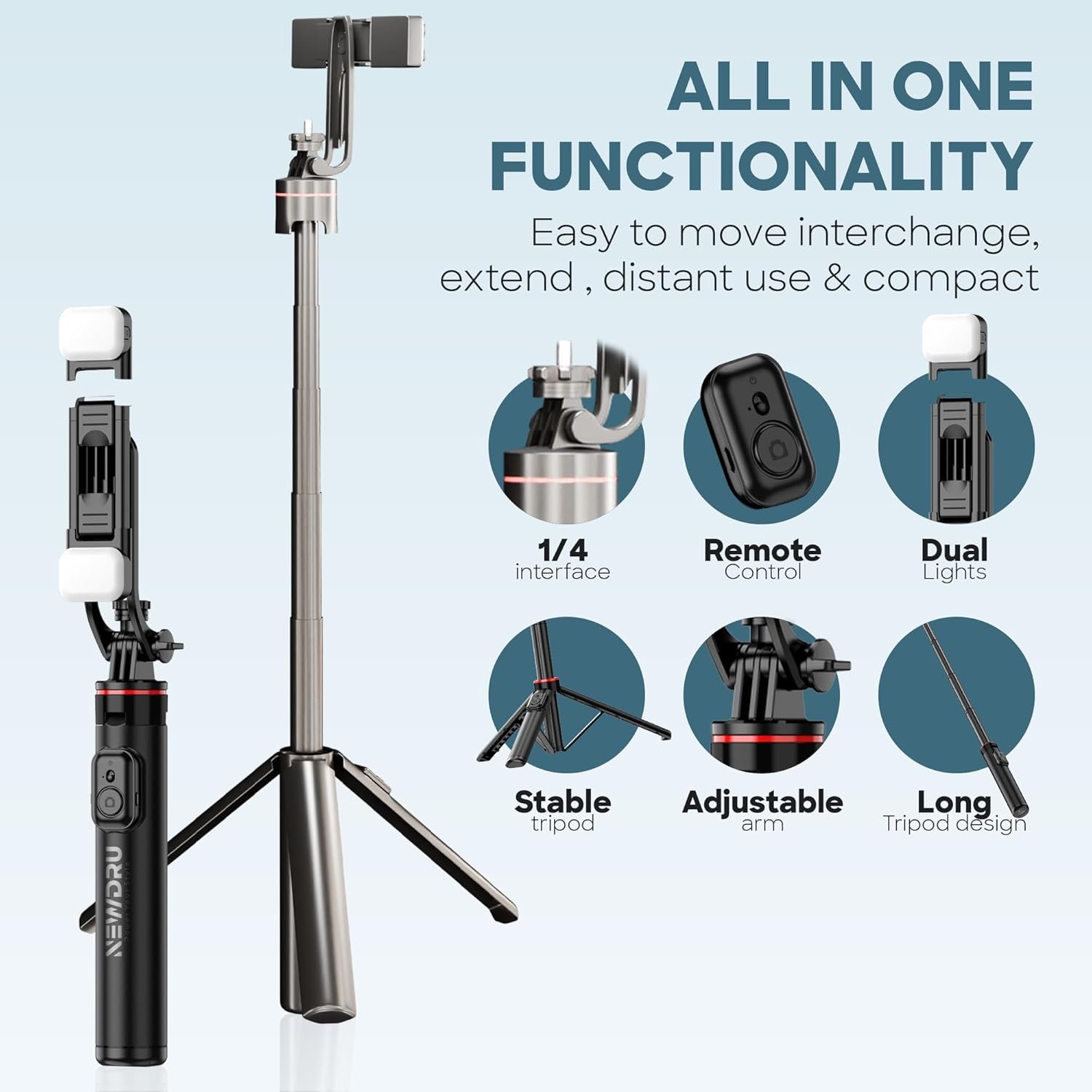 NEWDRU LumiTripod Adjustable Tripod with LED Lights - 360° Rotation & 8 Telescopic Rods | Bluetooth Remote - Selfie Stick with Tripod Stand for Vlogging, Makeup, Photography & Video - Image 6