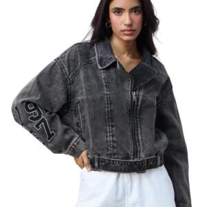 The Souled Store DC: Batgirl Women and Girls Long Sleeves Collared Neck Grey Graphic Printed Cotton Oversized Denim Jacket