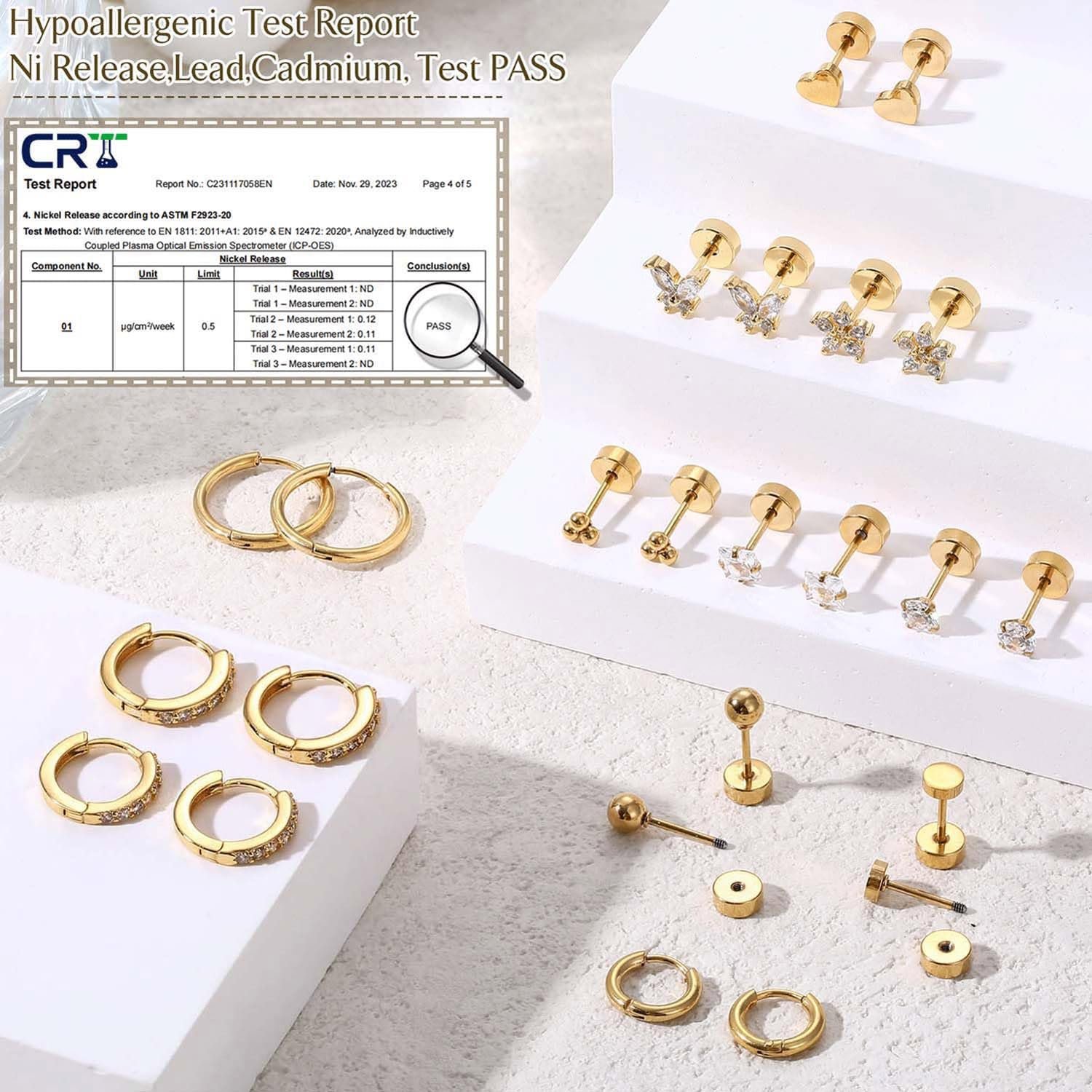 Shining Diva Fashion 12 Pairs Anti Tarnish Earrings Combo Set | 14K Gold Plated | Hypoallergenic Stainless Steel Earring for Sensitive Ears | Flat Back Stud Hoop Cartilage Earring for Multiple Piercing - Image 3