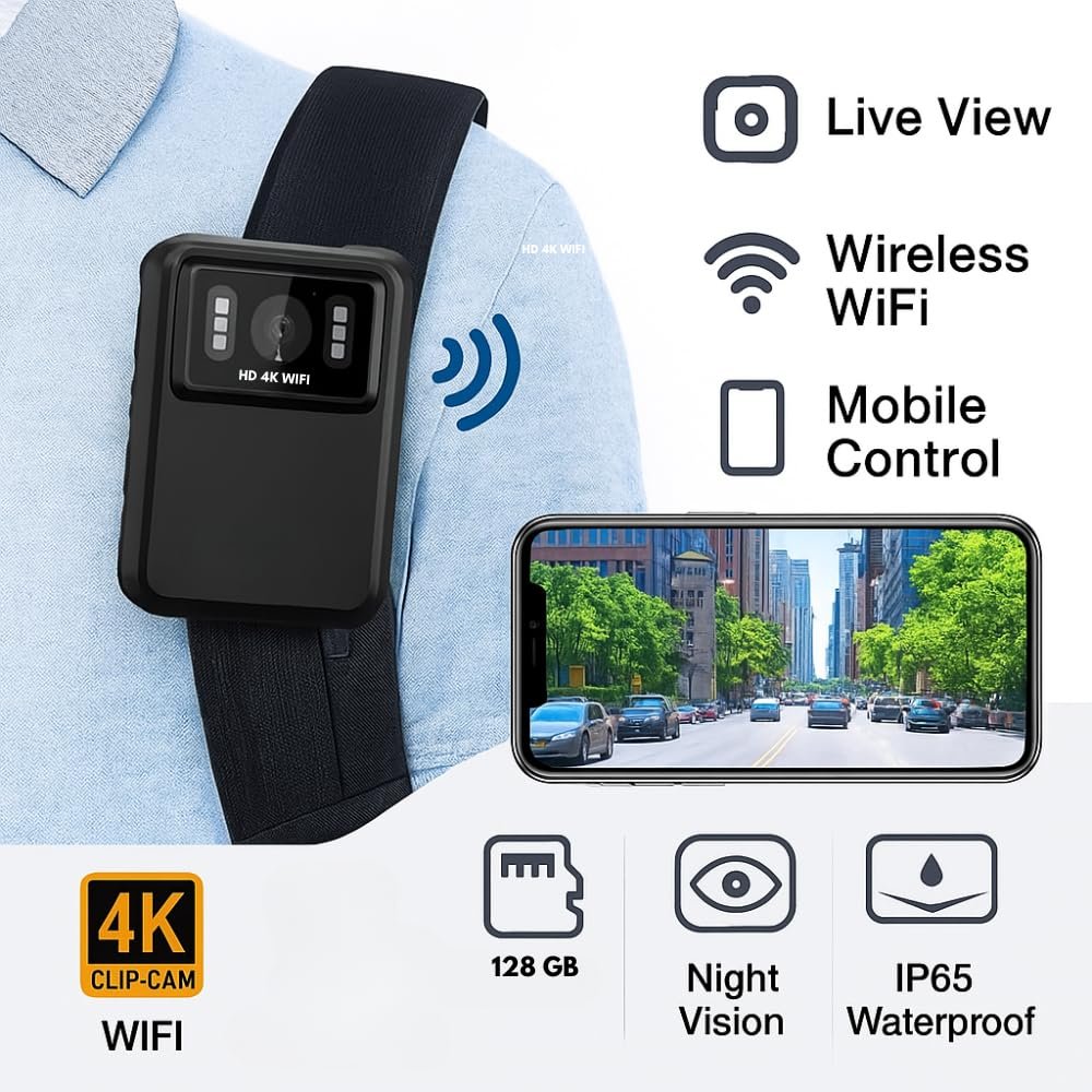 Maizic Smarthome 4K HD WiFi Clip-Cam Body Camera – 128GB, Mobile Wireless, Night Vision, 150° Wide Angle, IP65 Waterproof, Audio/Video Recording for Security, Law Enforcement & Personal Use - Image 2