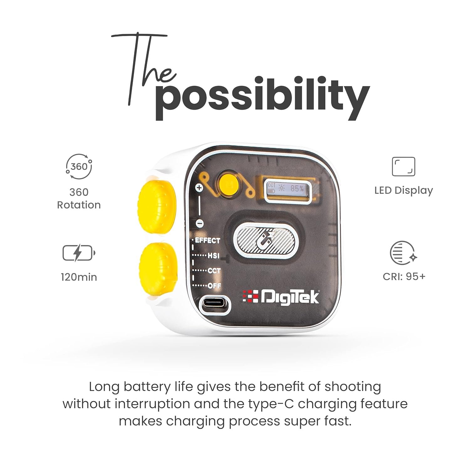 DIGITEK® (LED-D10W RGB) 10W Portable Multi Color Mini LED Video Light with 3 Color Modes, 360° Rotation, Magnetic Absorption, 2500-9000K Color Temperature, 2Hrs Battery Life, Camera & Tripod Mountable - Image 5