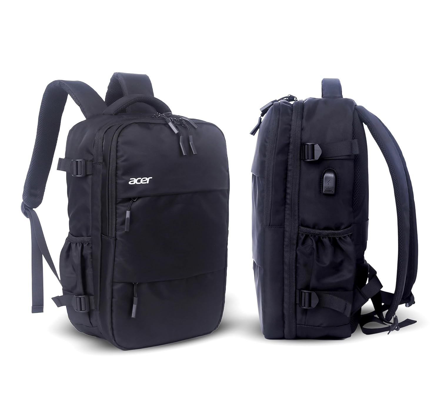 Acer Estilo Premium 15.6 Inch Black Color Backpack I Water Resistent Polyester I Expandable, 2 Zipper Front Pocket, 2 More Compartment for Laptop and Other Accessories I USB Charging I Strolley Strap