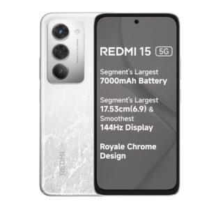 Redmi 15 5G Frosted White 8GB + 256GB | Segment’s Largest 7000mAhA Battery | Segment’s Largest Display 17.53cm(6.9) Up to 144Hz | Snapdragon 6s Gen 3 | 18W Reverse Charging | 50MP AI Dual Camera