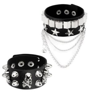 2 Pcs Gothic Jewellery, Punk Bracelets Set, Layered Leather Cuff Bangle for Rock Concerts, Goth Jewelry for Women and Men, Punk Fashion Accessories